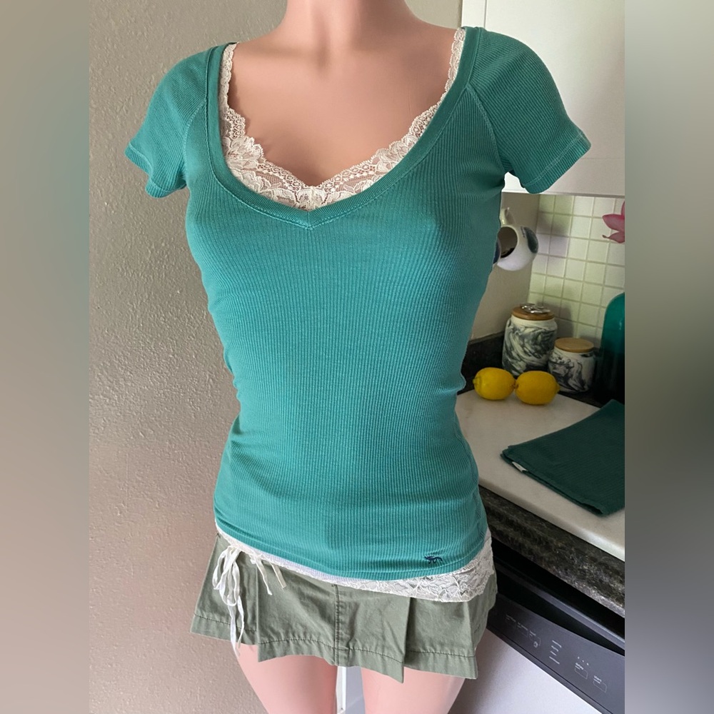 Y2k teal green Abercrombie short sleeve v neck - Picture 11 of 13